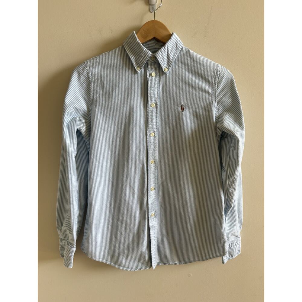 Lauren Ralph Lauren Blue and White Striped Button-Up Blouse - Picture 14 of 16